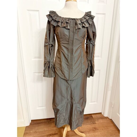 Lauren Vidal Drawstring Tie Ruffle Long Sleeve Midi Blouse Skirt Set Art to Wear - Picture 1 of 11